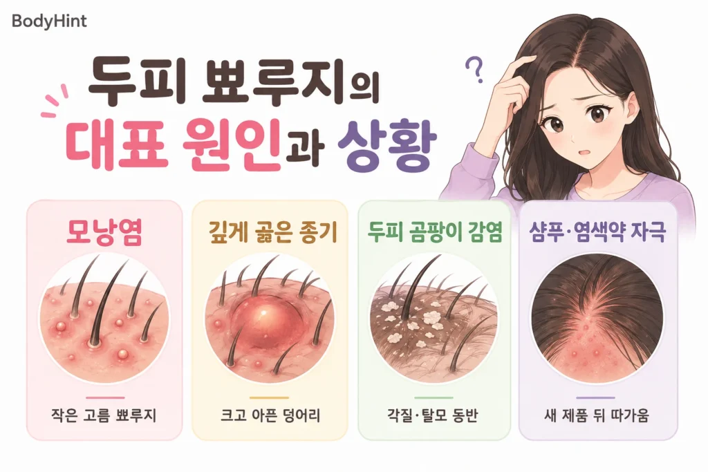 두피 뾰루지의 대표 원인으로 모낭염, 깊게 곪은 종기, 두피 곰팡이 감염, 샴푸와 염색약에 의한 피부 자극을 비교한 이미지