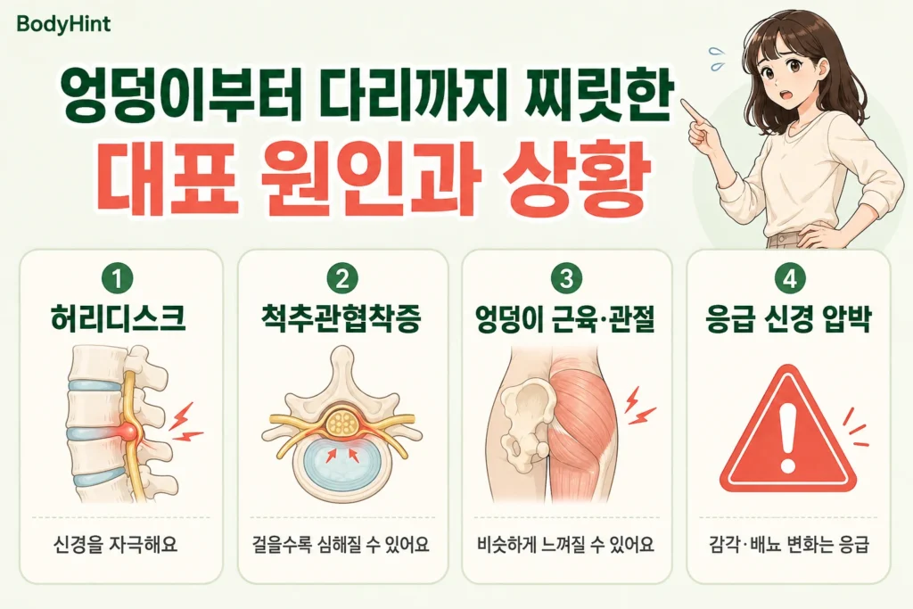 엉덩이부터 다리까지 찌릿한 통증의 대표 원인으로 허리디스크, 척추관협착증, 엉덩이 근육과 관절 문제, 허리 아래쪽 신경 압박을 비교한 이미지