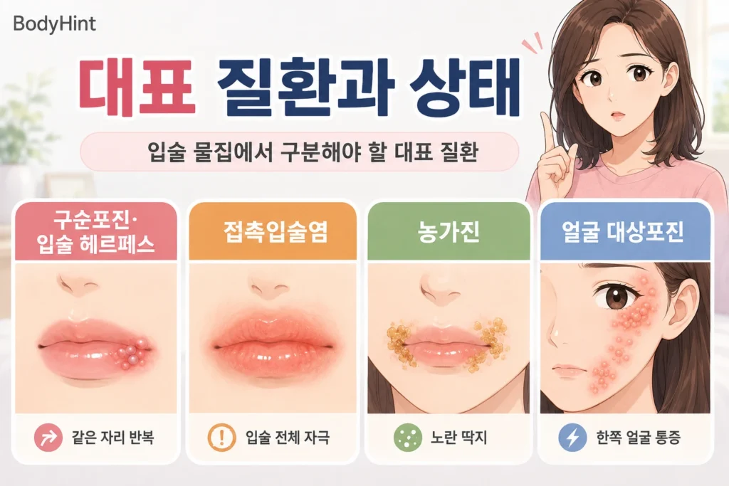 입술 물집에서 구분해야 하는 대표 질환인 구순포진과 입술 헤르페스, 접촉입술염, 농가진, 얼굴 대상포진을 비교한 이미지