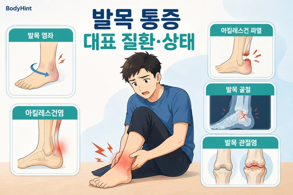 발목 통증에서 구분해야 하는 대표 질환인 발목 염좌, 아킬레스건염, 아킬레스건 파열, 발목 골절, 발목 관절염을 비교한 이미지