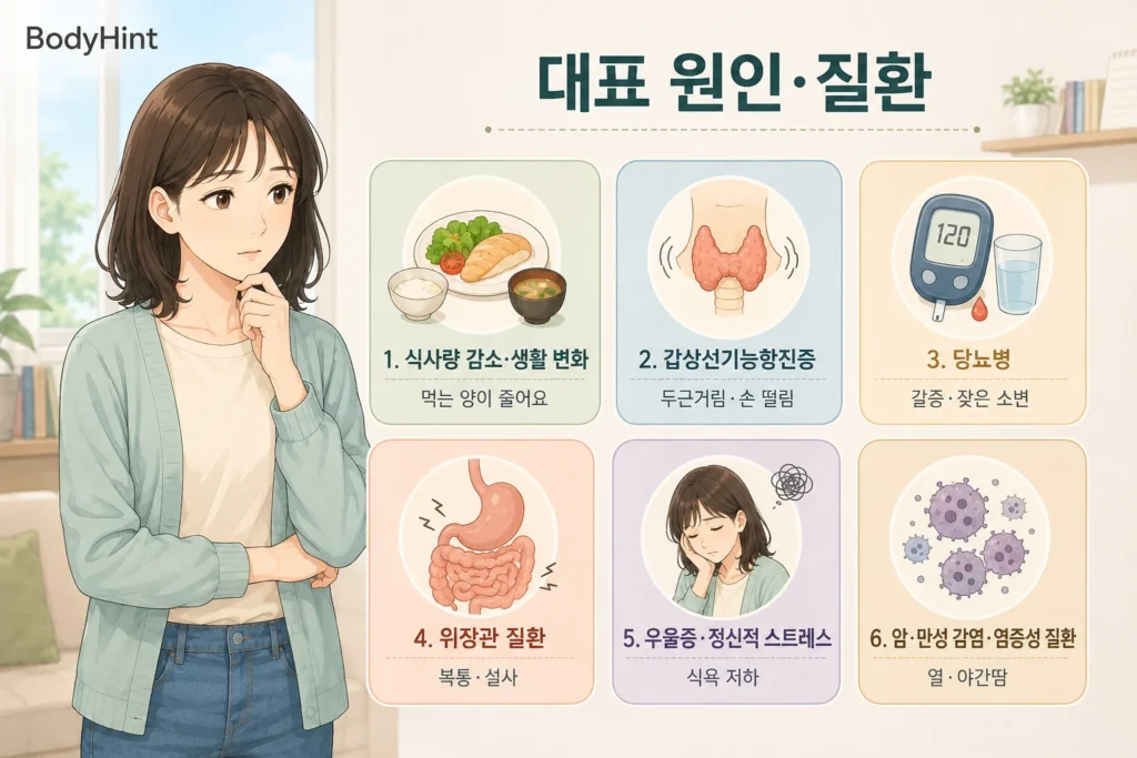체중 감소의 대표 원인인 식사량 감소와 생활 변화, 갑상선기능항진증, 당뇨병, 위장관 질환, 우울증과 스트레스, 암과 만성 감염·염증성 질환을 설명한 이미지