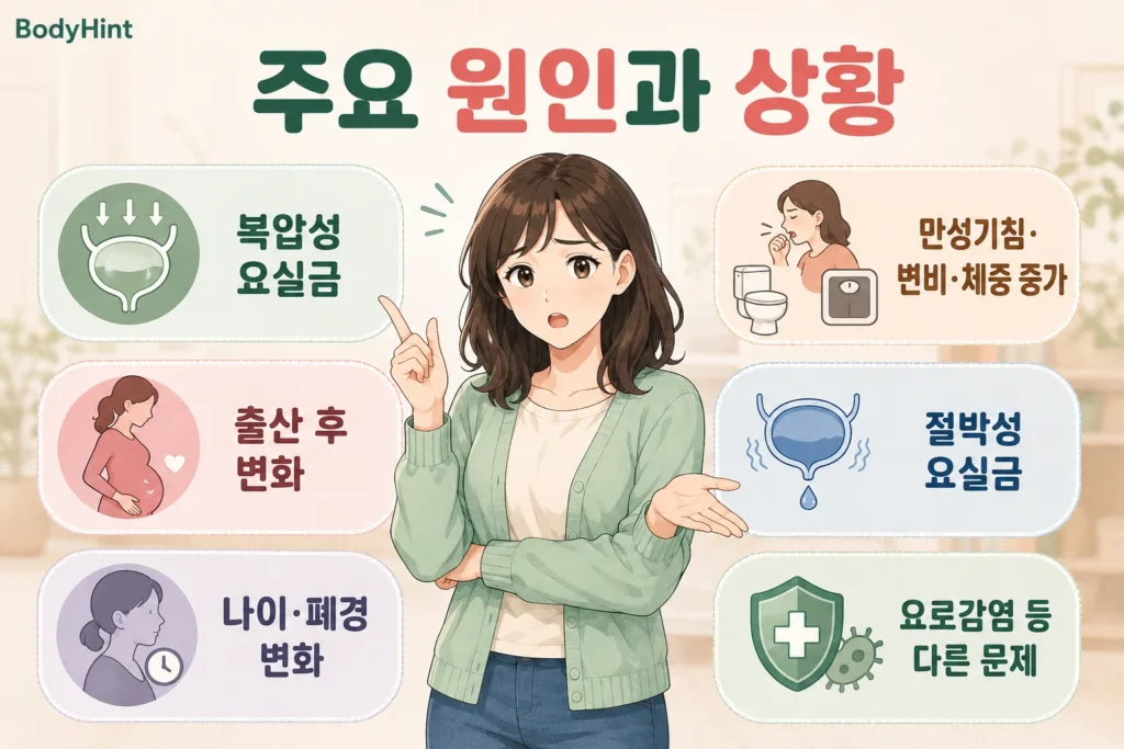 소변이 새는 주요 원인과 상황인 복압성 요실금, 출산 후 변화, 나이와 폐경, 만성기침·변비·체중 증가, 절박성 요실금, 요로감염을 설명한 이미지