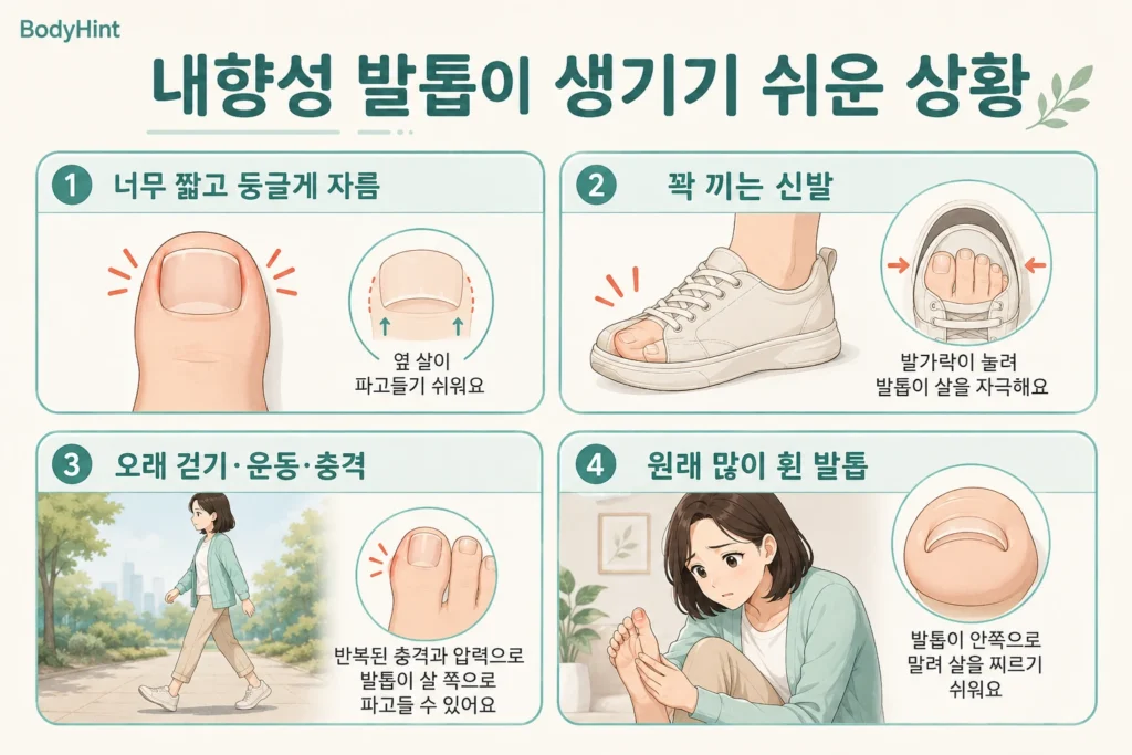 내향성 발톱이 생기기 쉬운 원인인 너무 짧고 둥근 발톱 손질, 꽉 끼는 신발, 반복되는 걷기·운동·충격, 많이 휜 발톱을 설명한 이미지