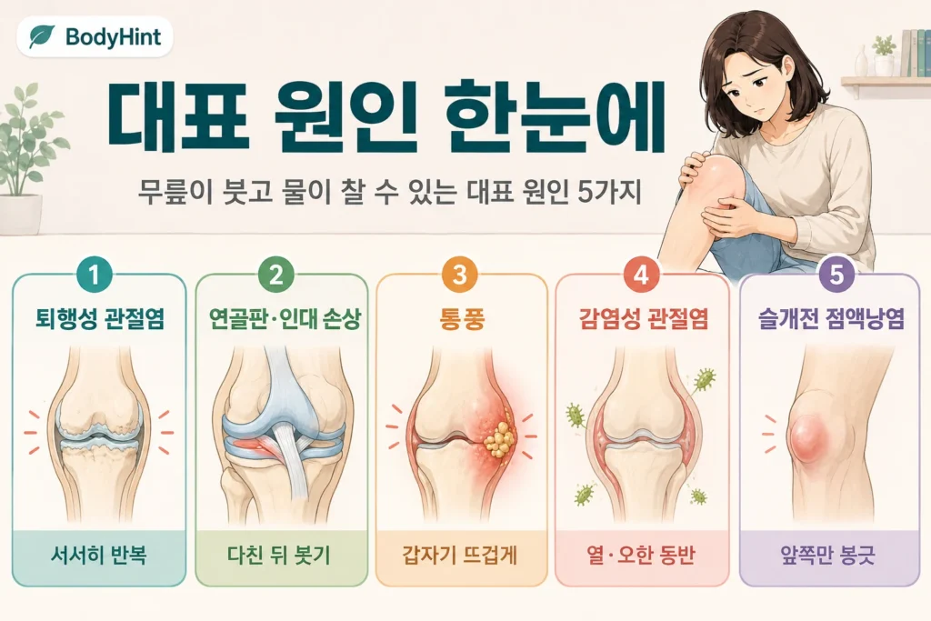 무릎이 붓고 물이 찰 수 있는 대표 원인인 퇴행성 관절염, 연골판·인대 손상, 통풍, 감염성 관절염, 슬개전 점액낭염을 설명한 이미지