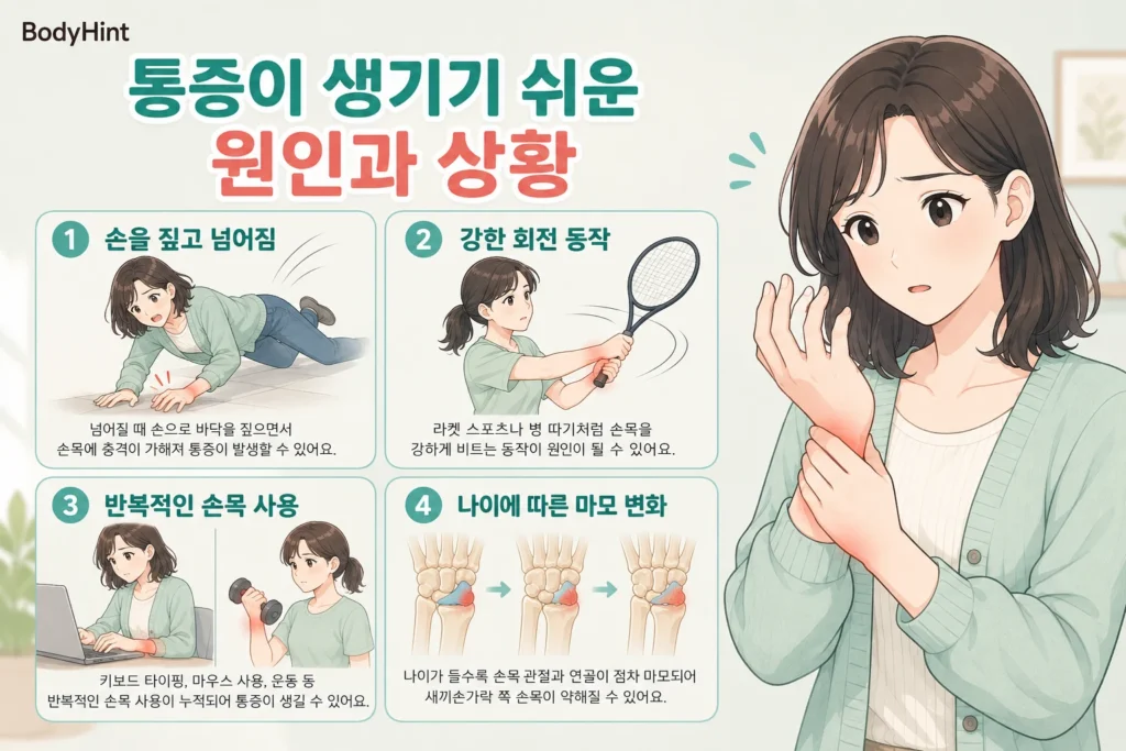 새끼손가락 쪽 손목 통증이 생기기 쉬운 상황인 손을 짚고 넘어짐, 강한 회전 동작, 반복적인 손목 사용, 나이에 따른 마모 변화를 설명한 이미지