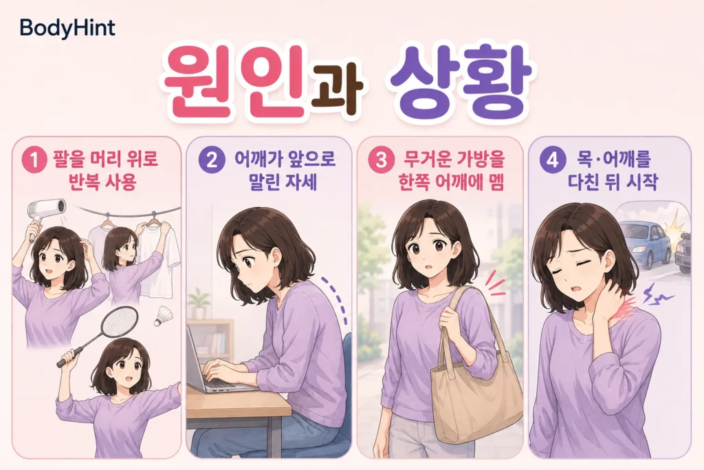 팔을 머리 위로 반복해서 사용하는 활동, 어깨가 앞으로 말린 자세, 무거운 가방을 한쪽 어깨에 메는 습관, 목과 어깨를 다친 뒤 시작되는 팔 저림 상황을 설명한 이미지