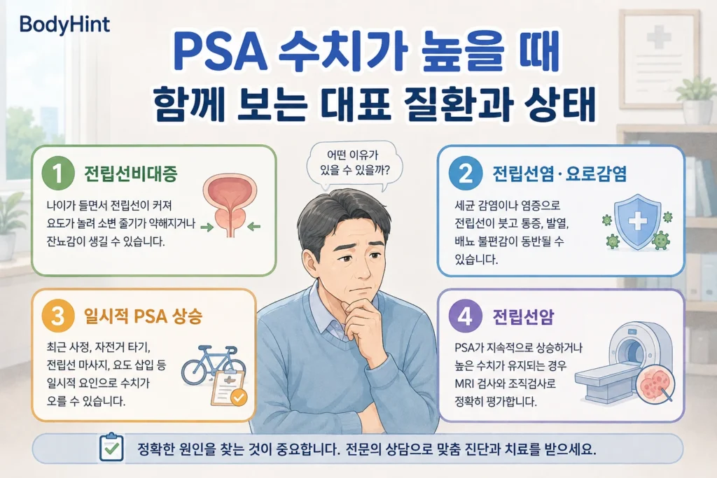 PSA 수치가 높을 때 함께 확인하는 전립선비대증, 전립선염·요로감염, 일시적 PSA 상승, 전립선암을 구분한 인포그래픽
