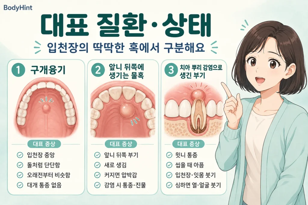 입천장의 딱딱한 혹에서 구분하는 구개융기, 앞니 뒤쪽 물혹, 치아 뿌리 감염으로 생긴 부기의 대표 증상을 비교한 이미지