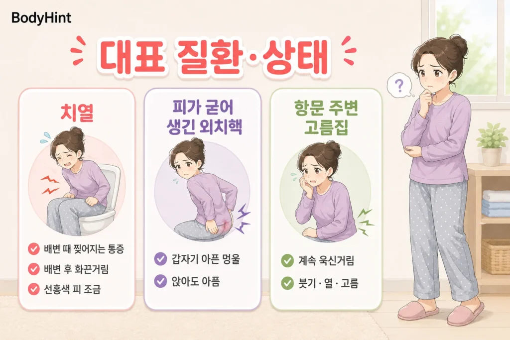 변 볼 때 심한 항문 통증에서 구분하는 치열, 피가 굳어 생긴 외치핵, 항문 주변 고름집의 대표 증상을 비교한 이미지