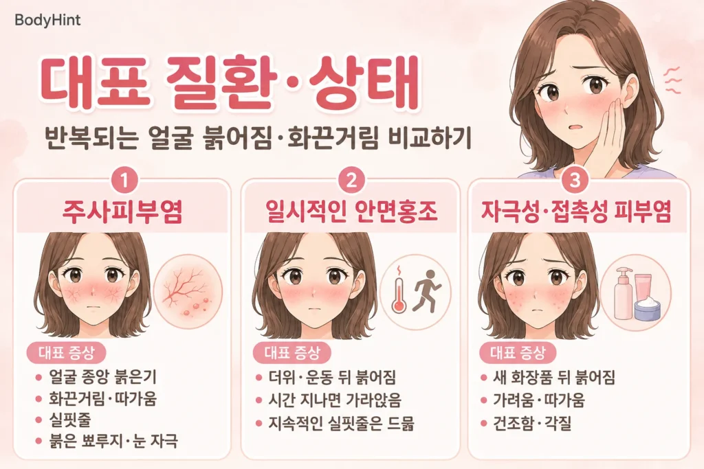 반복되는 얼굴 붉은기와 화끈거림에서 구분하는 주사피부염, 일시적인 안면홍조, 자극성·접촉성 피부염의 대표 증상을 비교한 이미지