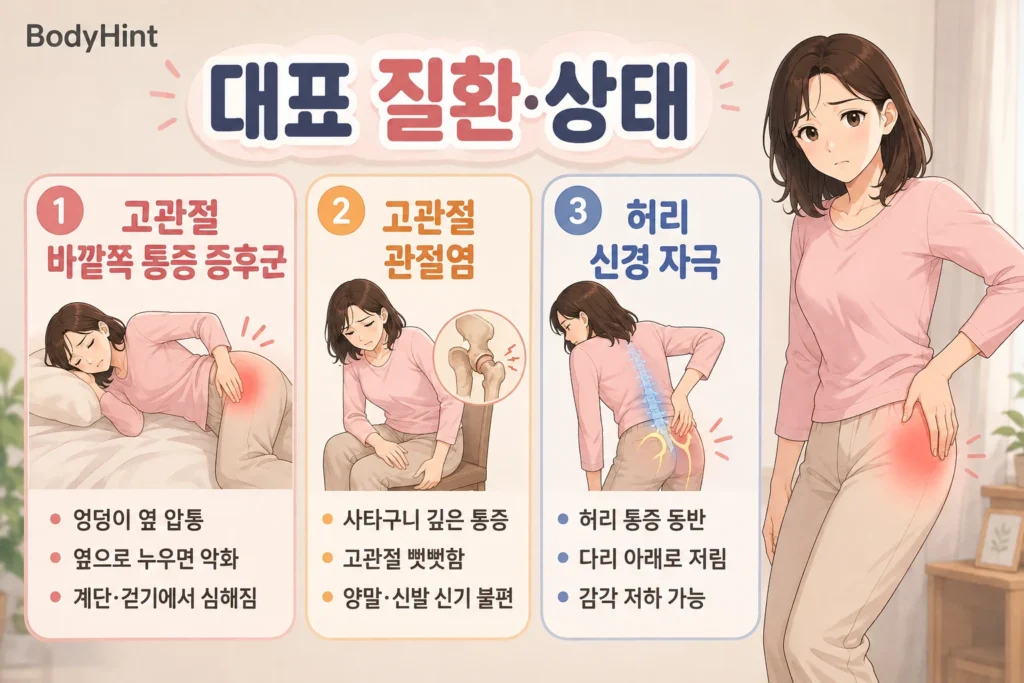 엉덩이 옆 통증에서 구분하는 고관절 바깥쪽 통증 증후군, 고관절 관절염, 허리 신경 자극의 대표 증상을 비교한 이미지