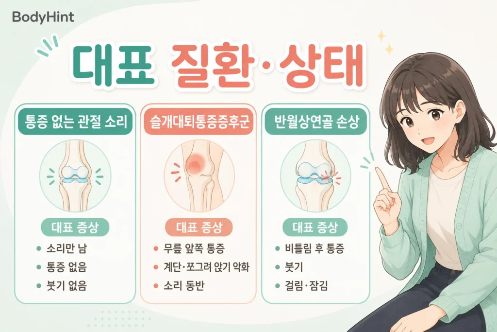 무릎에서 뚝뚝 소리가 날 때 구분하는 통증 없는 관절 소리, 슬개대퇴통증증후군, 반월상연골 손상의 대표 증상을 비교한 이미지