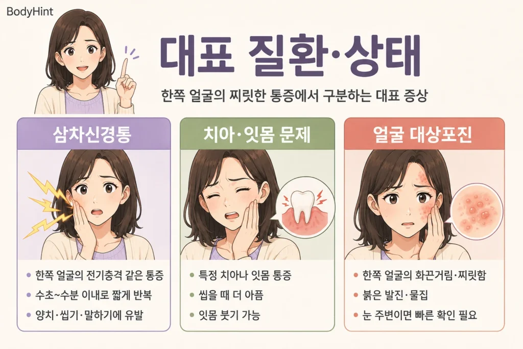 한쪽 얼굴의 찌릿한 통증에서 구분하는 삼차신경통, 치아·잇몸 문제, 얼굴 대상포진의 대표 증상을 비교한 이미지