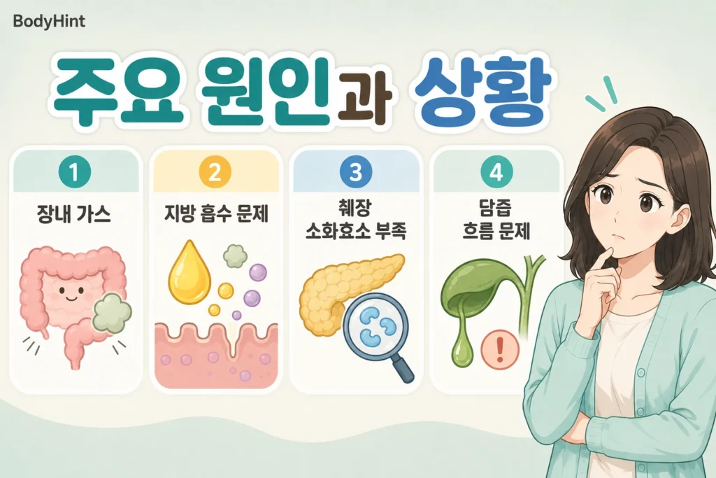 변이 물에 뜨거나 기름져 보일 때 장내 가스, 지방 흡수 문제, 췌장 소화효소 부족, 담즙 흐름 문제를 설명한 이미지