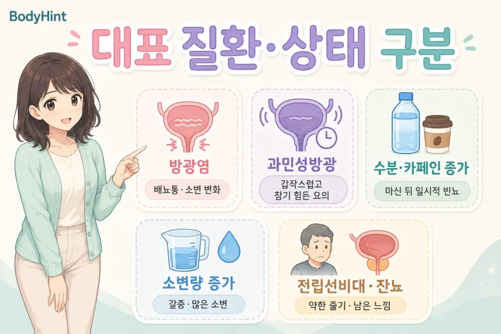 소변이 자주 마려울 때 방광염, 과민성방광, 수분과 카페인 증가, 소변량 증가, 전립선비대와 잔뇨를 구분한 이미지