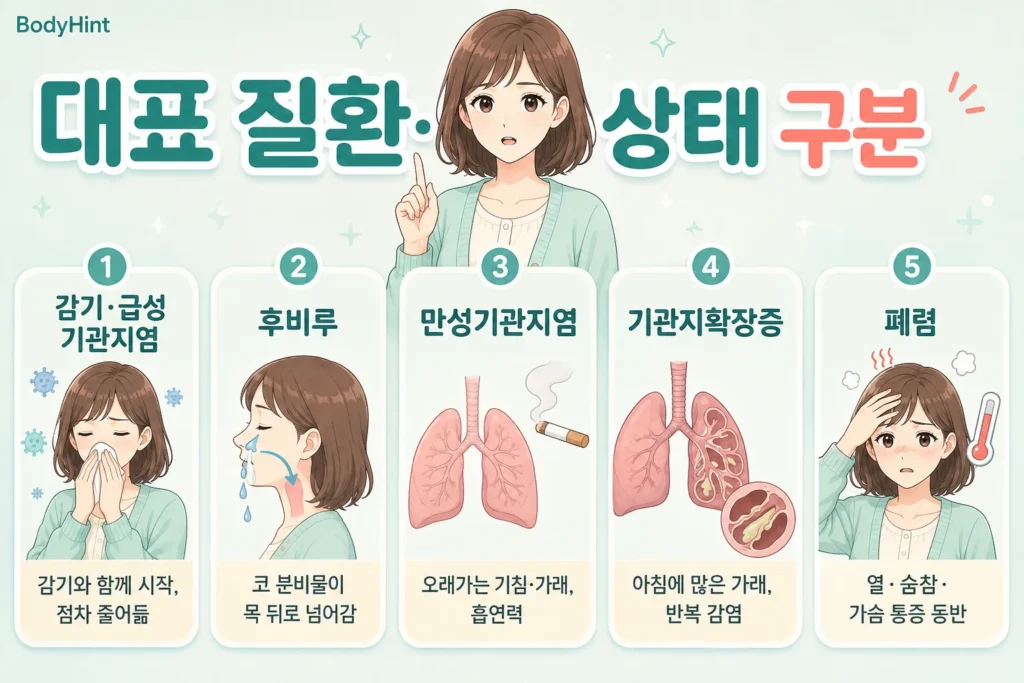 가래가 자꾸 생길 때 감기와 급성 기관지염, 후비루, 만성기관지염, 기관지확장증, 폐렴을 구분한 이미지