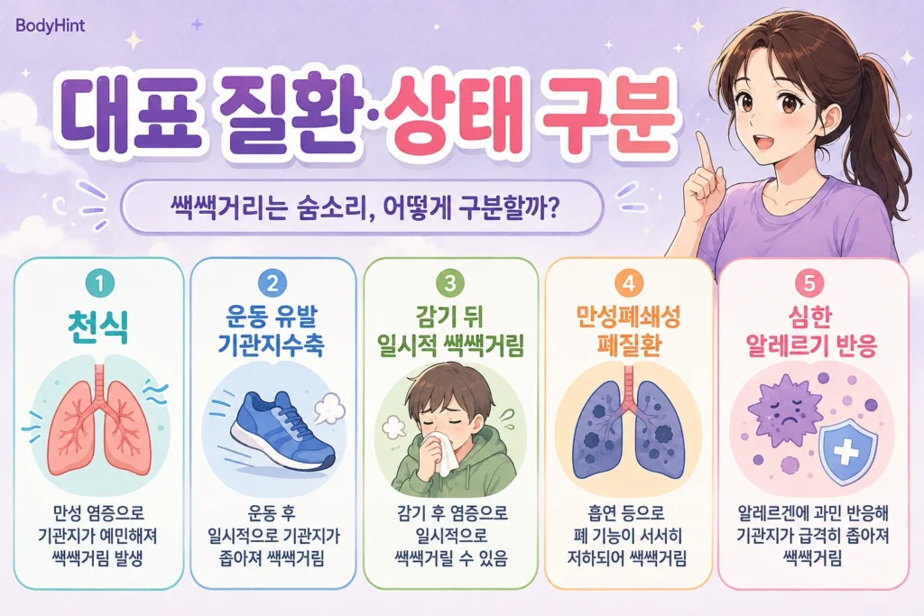 쌕쌕거리는 숨소리가 날 때 천식, 운동 유발 기관지수축, 감기 뒤 일시적 쌕쌕거림, 만성폐쇄성폐질환, 심한 알레르기 반응을 구분한 이미지