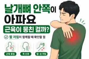 날개뼈 안쪽 통증을 느껴 등을 짚고 있으며 팔 저림이 함께할 때 근육 뭉침과 목 신경 문제를 확인하는 대표 남성 캐릭터 이미지