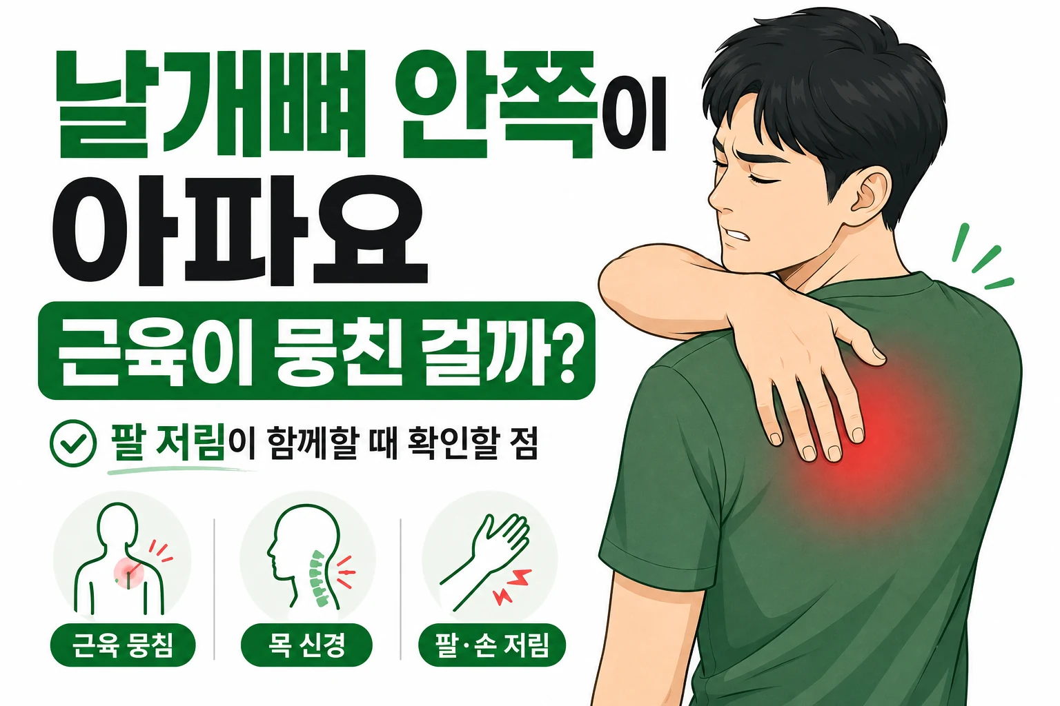 날개뼈 안쪽 통증을 느껴 등을 짚고 있으며 팔 저림이 함께할 때 근육 뭉침과 목 신경 문제를 확인하는 대표 남성 캐릭터 이미지