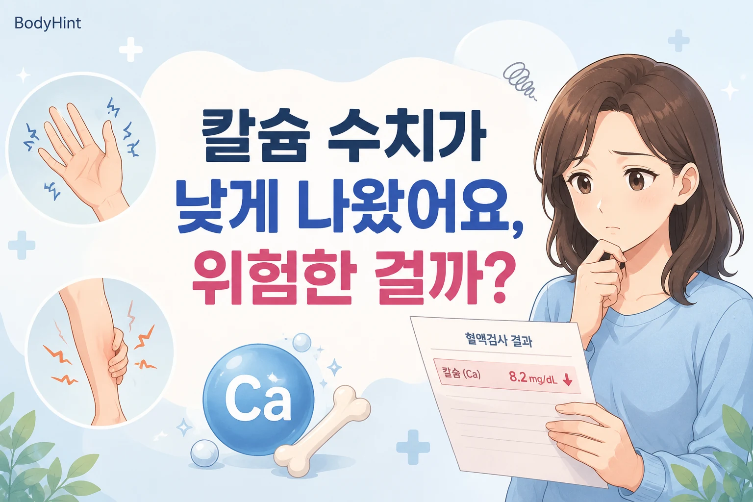 칼슘 수치가 낮게 나온 혈액검사 결과를 보고 위험한 상태인지 걱정하는 여성과 손 저림·근육 경련 이미지를 함께 보여주는 대표이미지