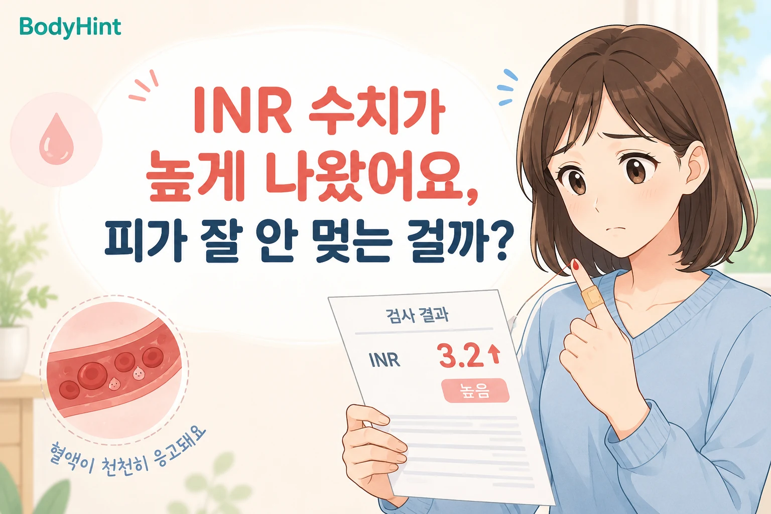 INR 수치가 높게 나온 검사 결과를 보고 피가 잘 안 멎는 상태인지 걱정하는 여성과 출혈·혈액응고 이미지를 함께 보여주는 대표이미지