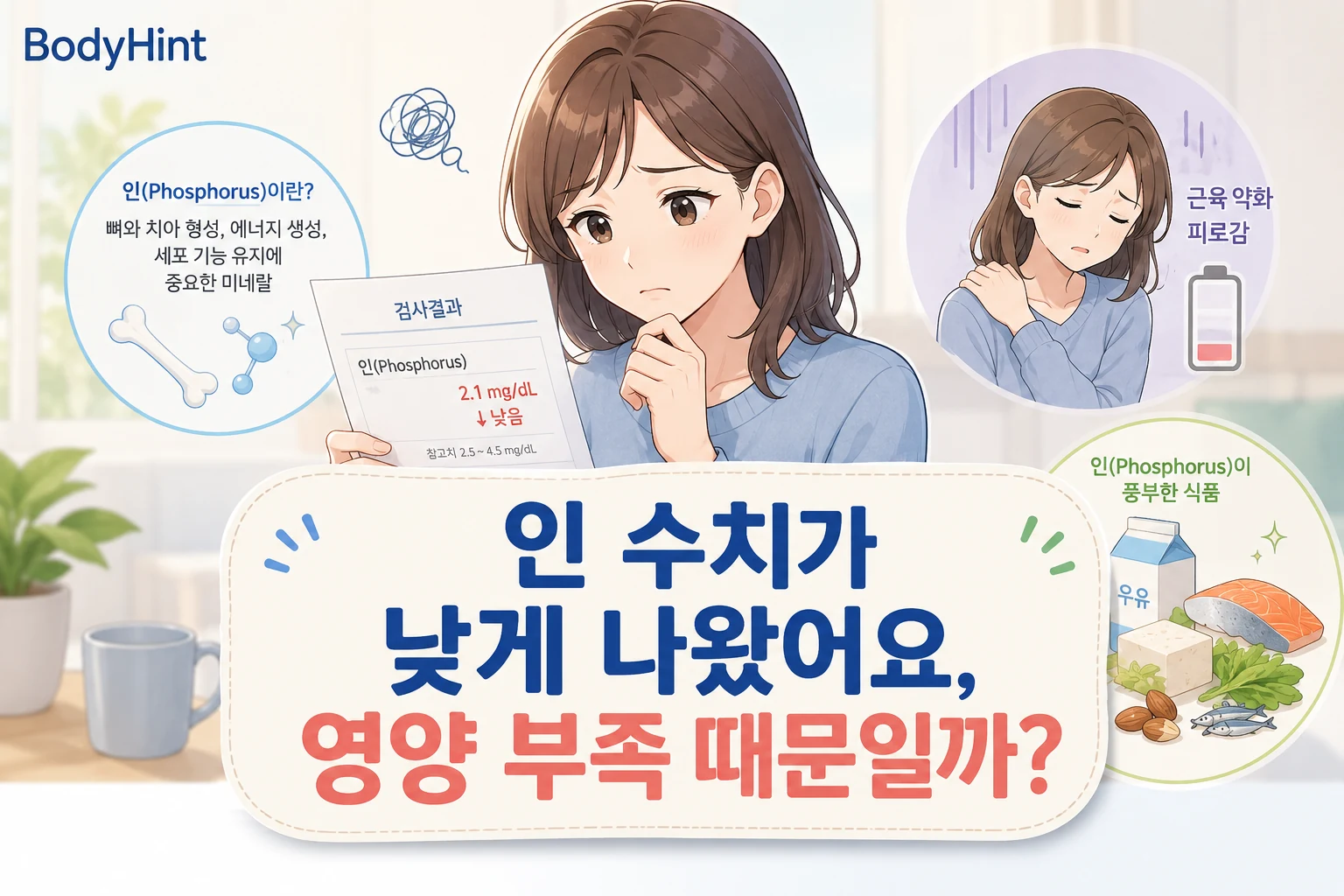 인 수치가 낮게 나온 혈액검사 결과를 보고 영양 부족 때문인지 걱정하는 여성과 근육 약화·피로, 인이 풍부한 식품을 함께 보여주는 대표이미지