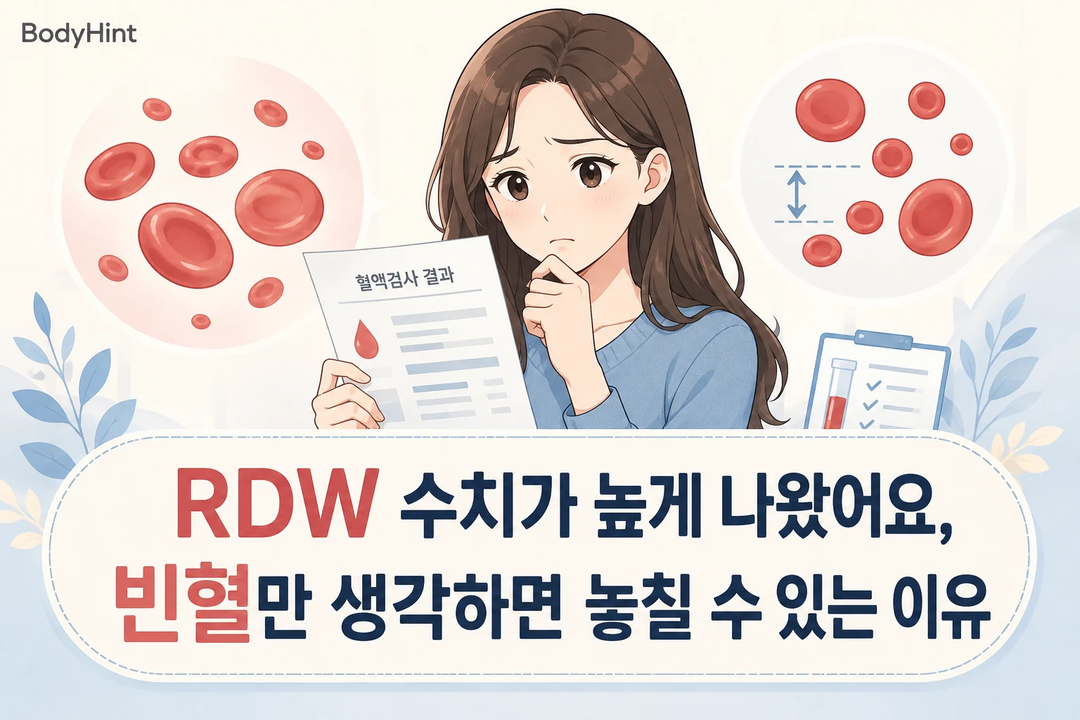RDW 수치가 높게 나온 혈액검사 결과를 보고 빈혈 가능성을 걱정하는 여성과 크기가 서로 다른 적혈구를 함께 보여주는 대표이미지