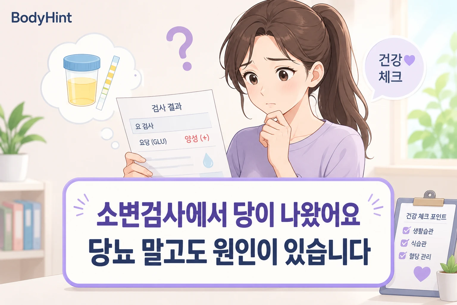 소변검사에서 요당 양성 결과를 확인하고 당뇨 외 다른 원인이 있는지 걱정하는 여성을 표현한 BodyHint 대표이미지