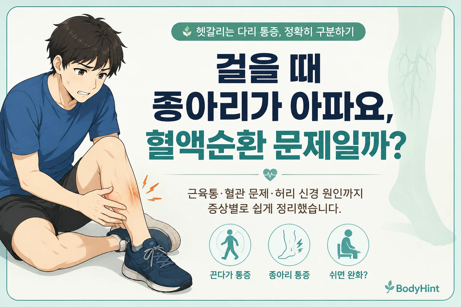 걸을 때 종아리를 붙잡고 통증을 느끼는 일본애니풍 남성 캐릭터와 걸을 때 종아리가 아파요, 혈액순환 문제일까 제목이 중앙에 크게 들어간 BodyHint 대표이미지