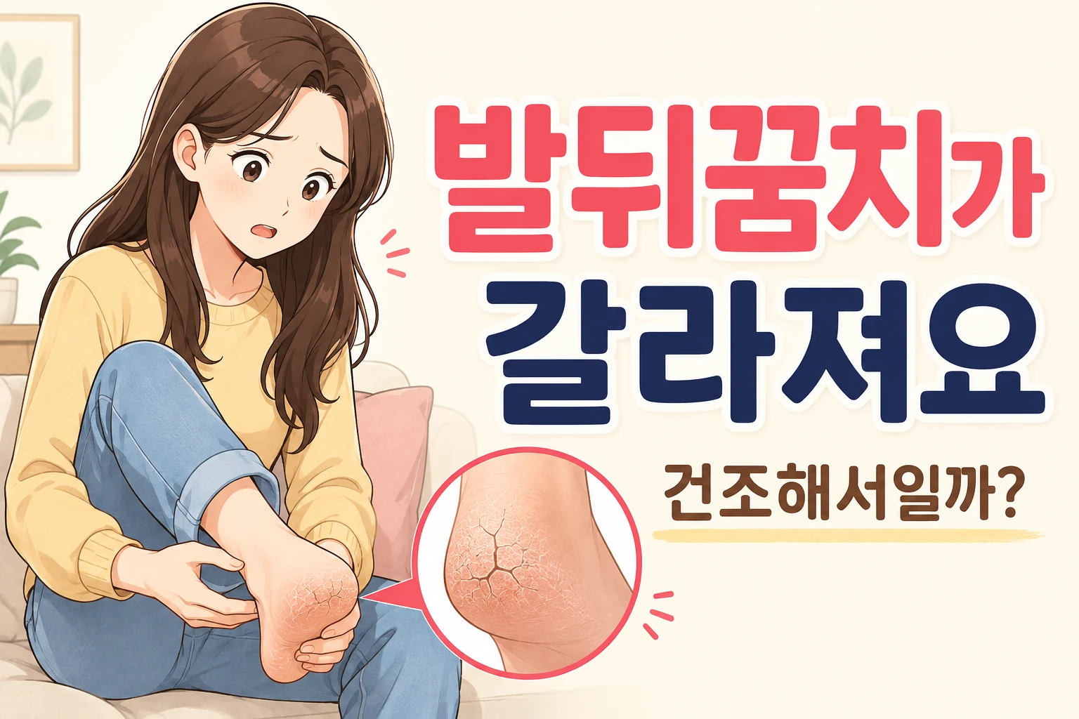 갈라지고 하얗게 각질이 일어난 발뒤꿈치를 확인하며 걱정하는 긴 갈색 머리의 젊은 동아시아 여성