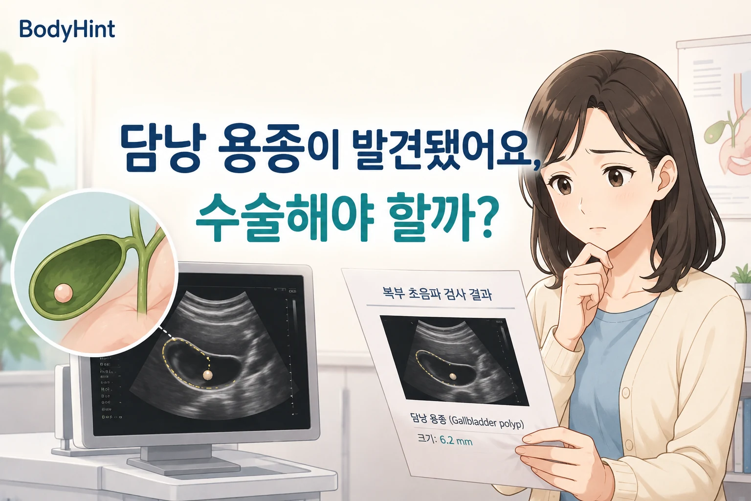 담낭 용종이 발견돼 수술해야 하는지 걱정하는 일본애니풍 여성 캐릭터와 복부초음파의 담낭 용종을 표현한 BodyHint 대표이미지