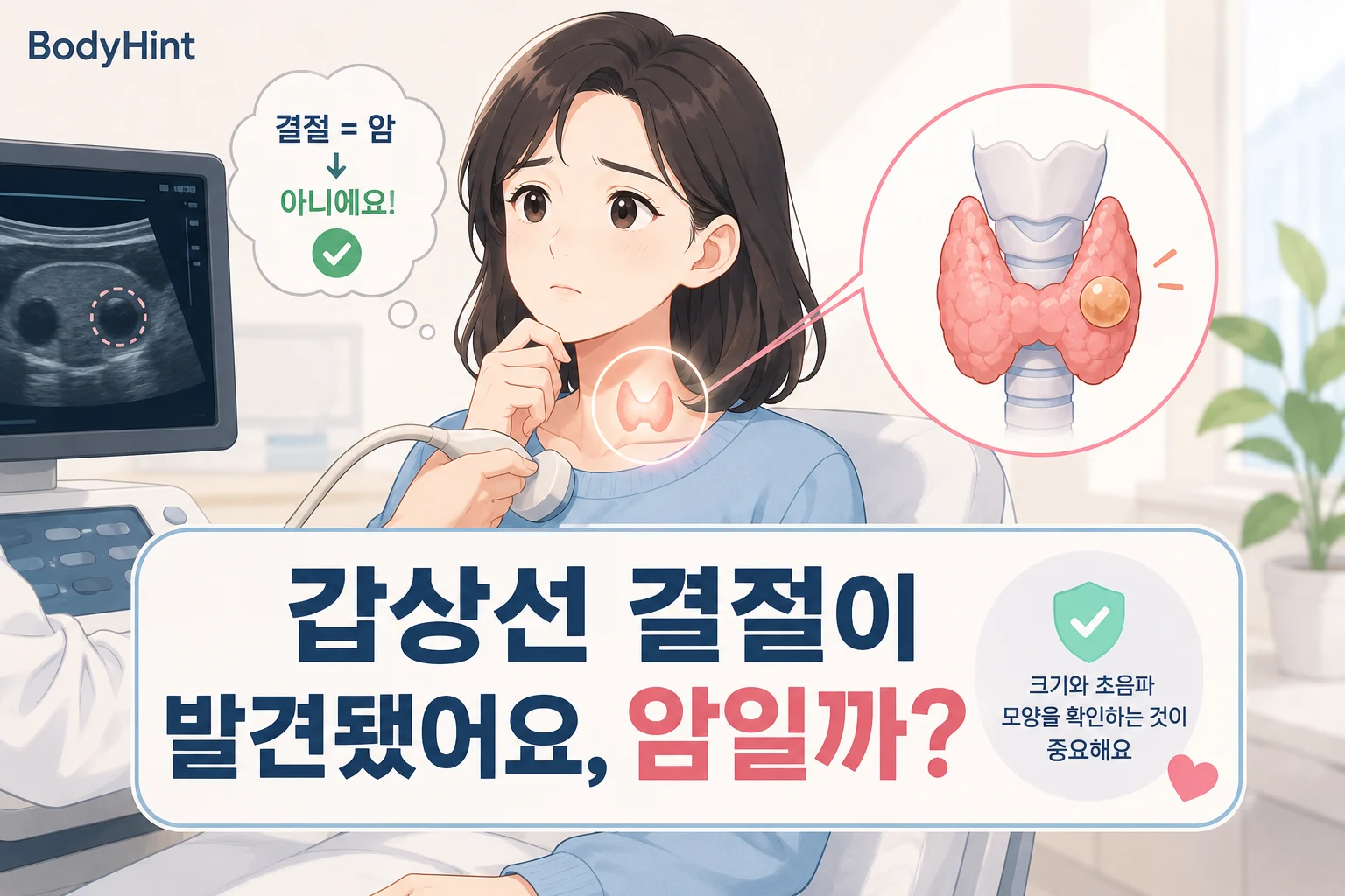 갑상선 초음파에서 결절이 발견돼 암일까 걱정하는 일본애니풍 여성 캐릭터와 갑상선 결절을 표현한 BodyHint 대표이미지