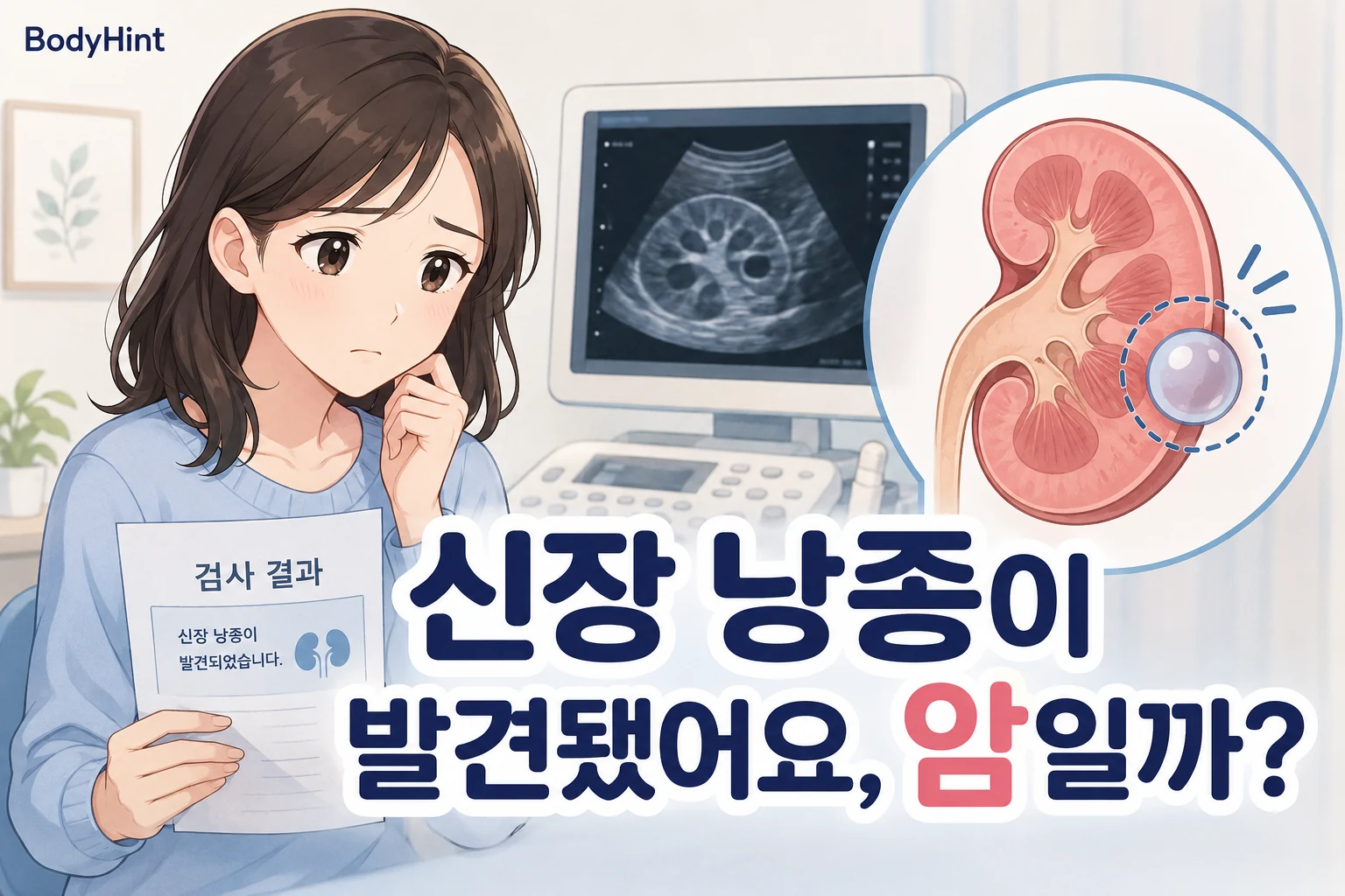 신장 낭종이 발견돼 암일까 걱정하는 일본애니풍 여성 캐릭터와 초음파 및 신장 물혹을 표현한 BodyHint 대표이미지
