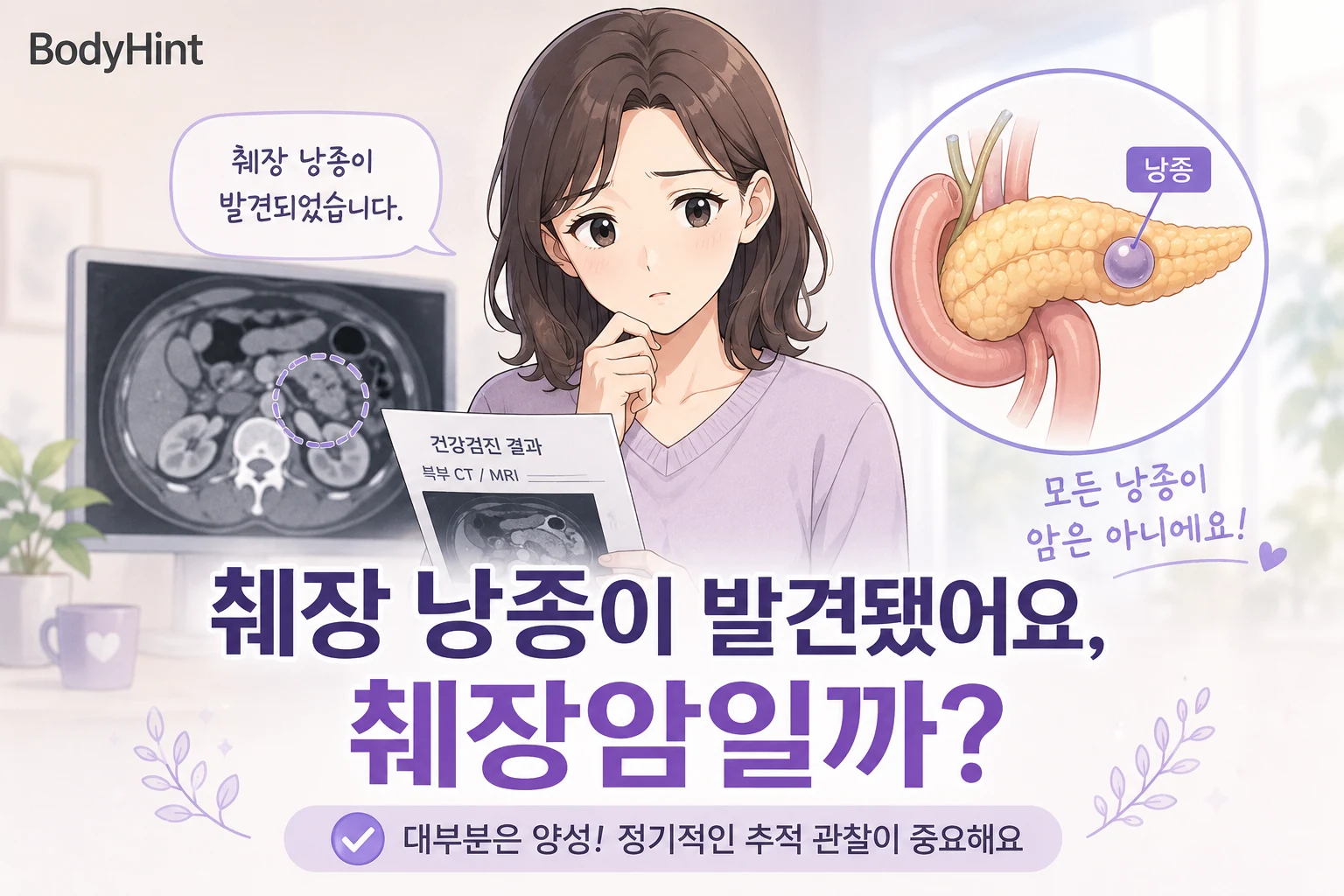 췌장 낭종이 발견돼 췌장암일까 걱정하는 일본애니풍 여성 캐릭터와 CT·MRI 영상 및 췌장 낭종을 표현한 BodyHint 대표이미지