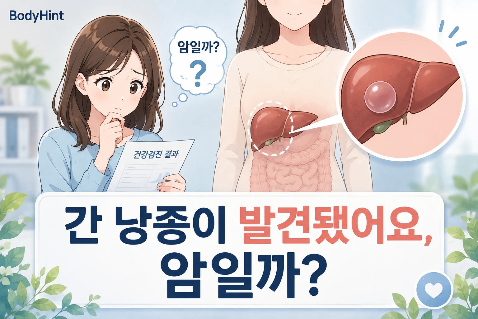 건강검진에서 간 낭종이 발견돼 암일까 걱정하는 여성과 간 위치 및 단순 간 낭종을 확대해 보여주는 BodyHint 대표이미지