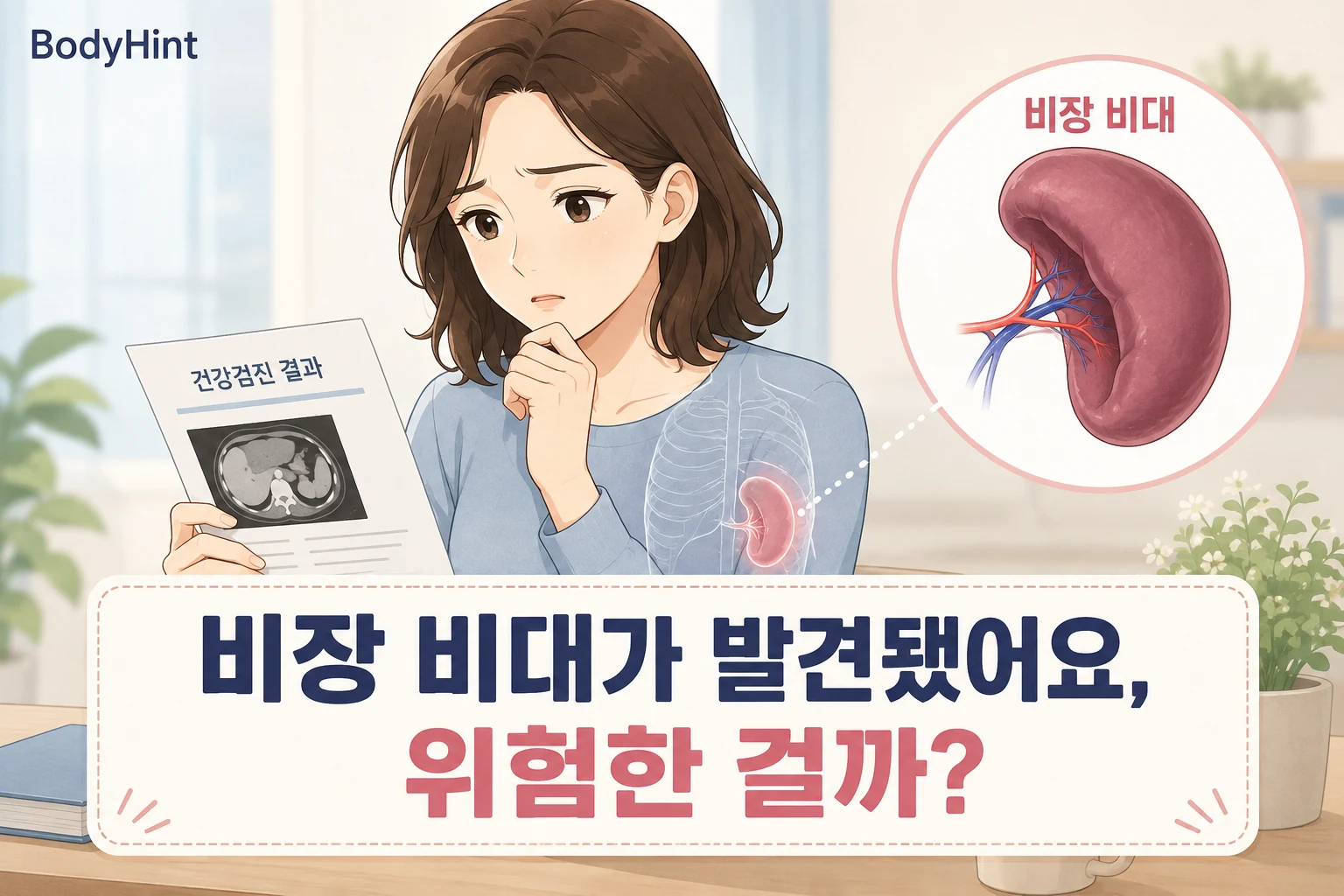 건강검진에서 비장 비대가 발견돼 위험한 상태인지 걱정하는 여성과 CT 검사 결과 및 커진 비장을 확대해 보여주는 BodyHint 대표이미지
