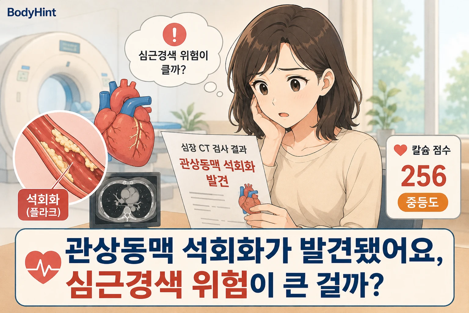 관상동맥 칼슘 점수가 높게 나온 검사 결과를 들고 걱정하는 사람과 심장, 관상동맥 석회화, CT 검사를 함께 보여주는 BodyHint 대표이미지