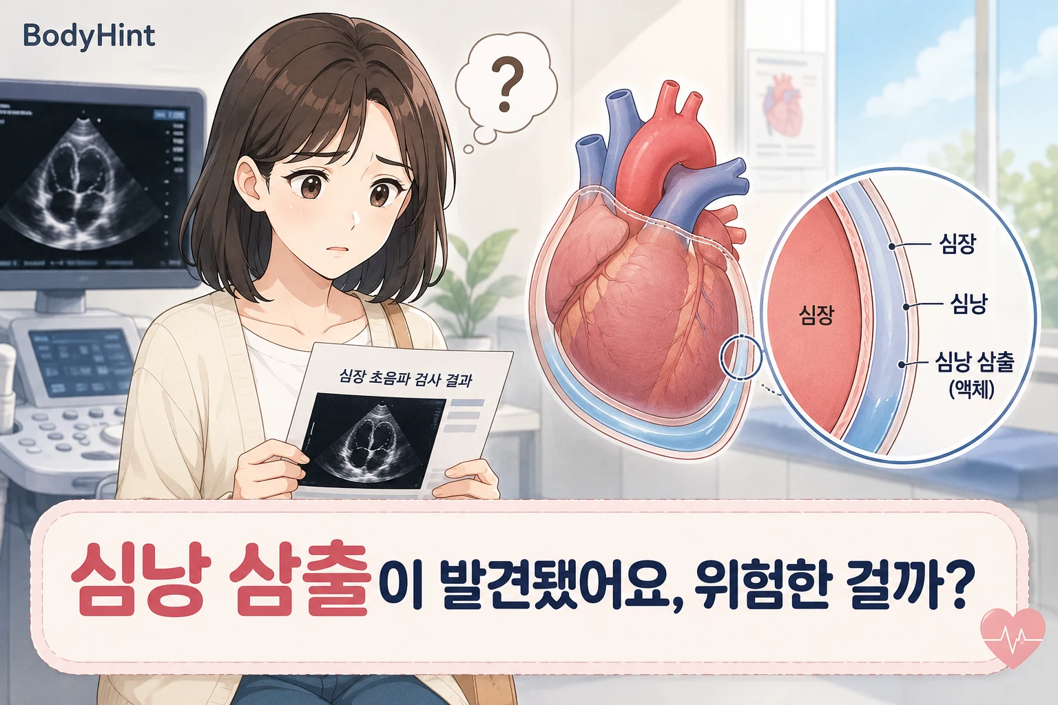 심장초음파에서 심낭 삼출이 발견된 검사 결과를 들고 걱정하는 여성과 심장 주변에 고인 심낭액을 확대해 보여주는 BodyHint 대표이미지