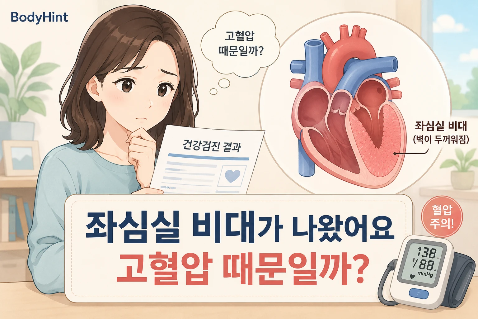 건강검진에서 좌심실 비대가 확인된 결과를 보고 걱정하는 여성과 두꺼워진 좌심실 벽, 혈압계를 함께 보여주는 BodyHint 대표이미지