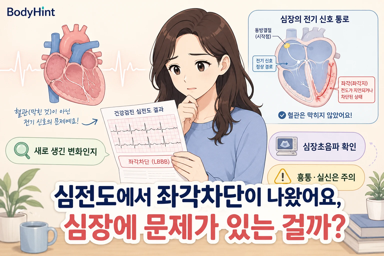 심전도에서 좌각차단이 발견된 검사 결과를 들고 걱정하는 여성과 심장의 전기 신호 전달 경로, 좌각차단 부위를 보여주는 BodyHint 대표이미지