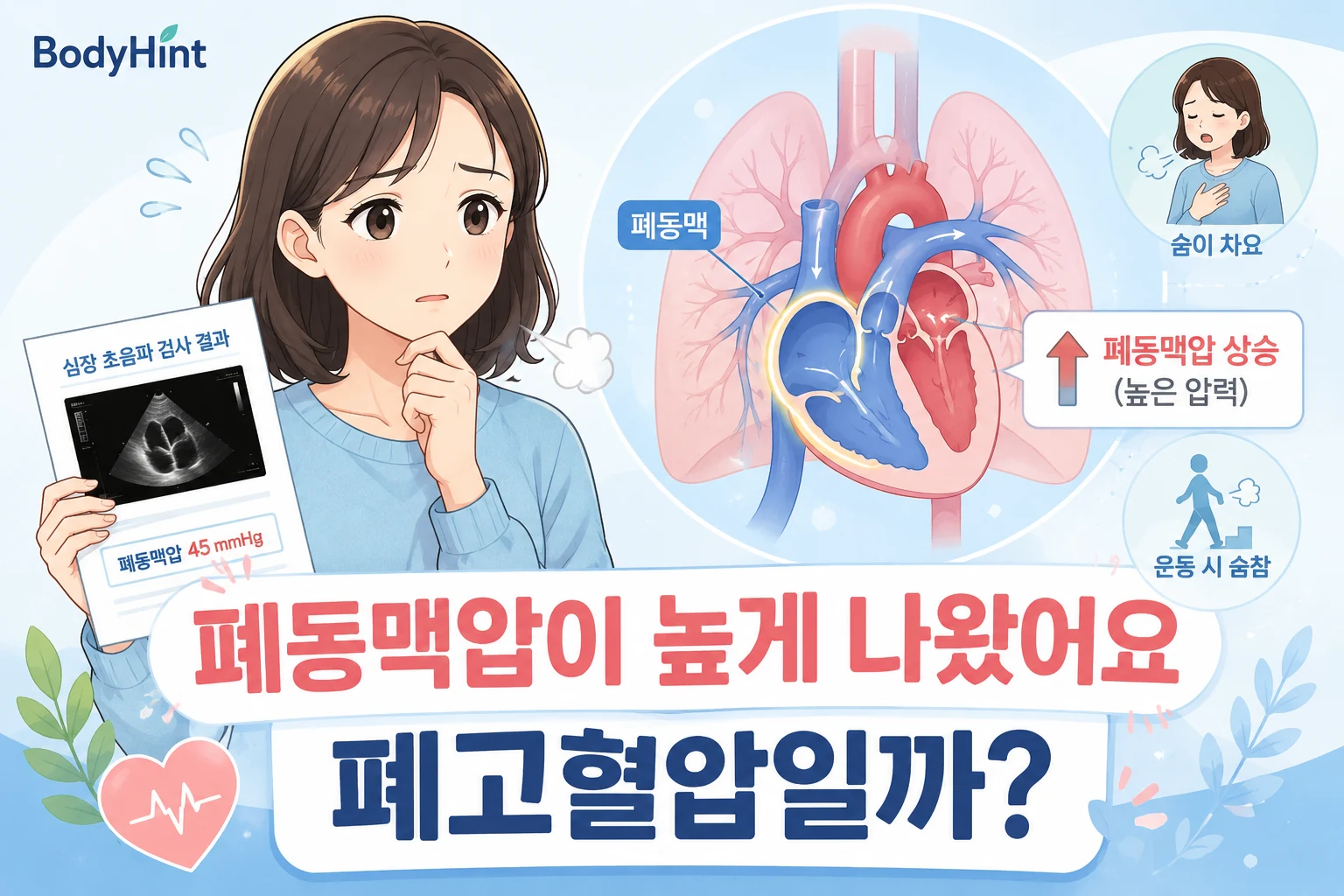 심장초음파에서 폐동맥압이 높게 나온 결과를 보고 걱정하는 여성과 폐동맥, 우심실, 운동 시 숨참을 함께 보여주는 BodyHint 대표이미지