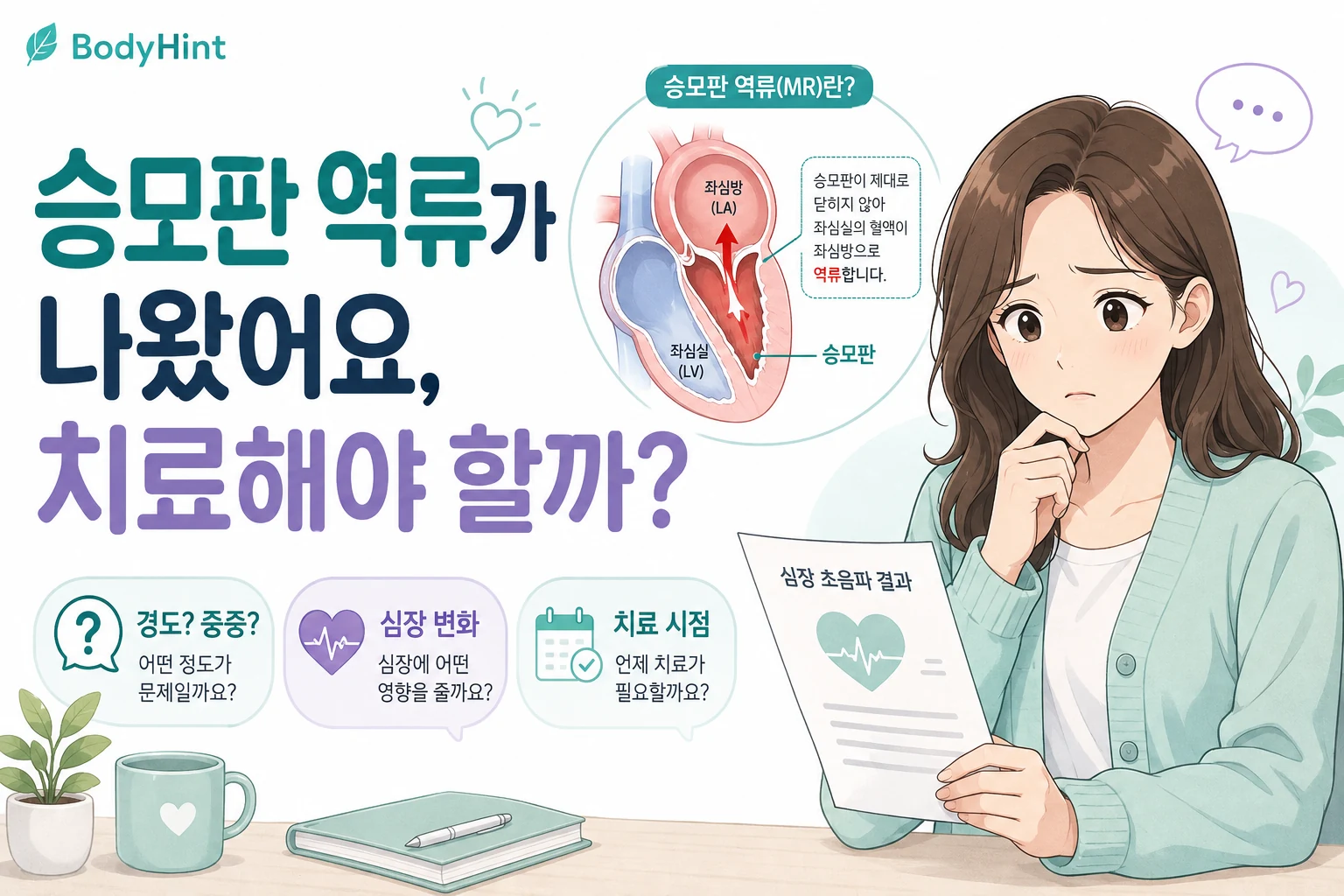 심장초음파에서 승모판 역류가 확인된 결과를 보고 걱정하는 여성과 좌심실에서 좌심방으로 혈액이 역류하는 모습을 보여주는 BodyHint 대표이미지