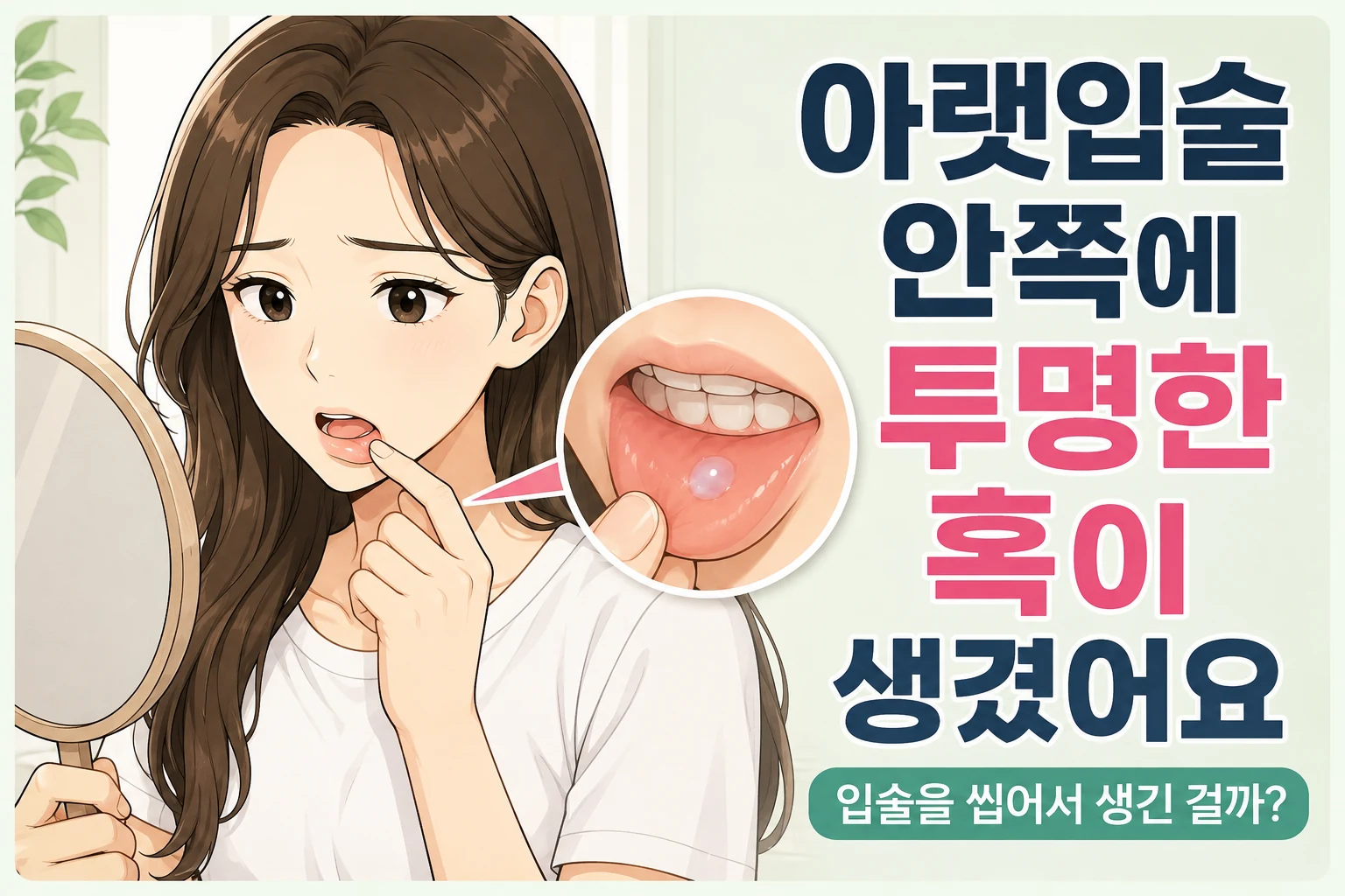 거울을 보며 아랫입술 안쪽의 투명한 물혹을 확인하는 긴 갈색 머리의 젊은 동아시아 여성