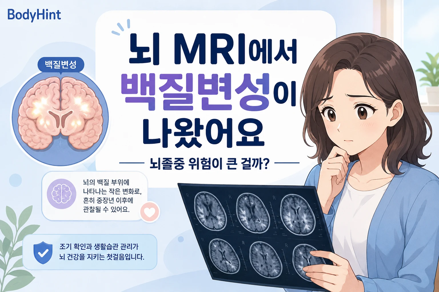 뇌 MRI에서 백질변성이 발견된 결과지를 보고 걱정하는 여성과 뇌 백질의 밝은 병변을 함께 보여주는 BodyHint 대표이미지