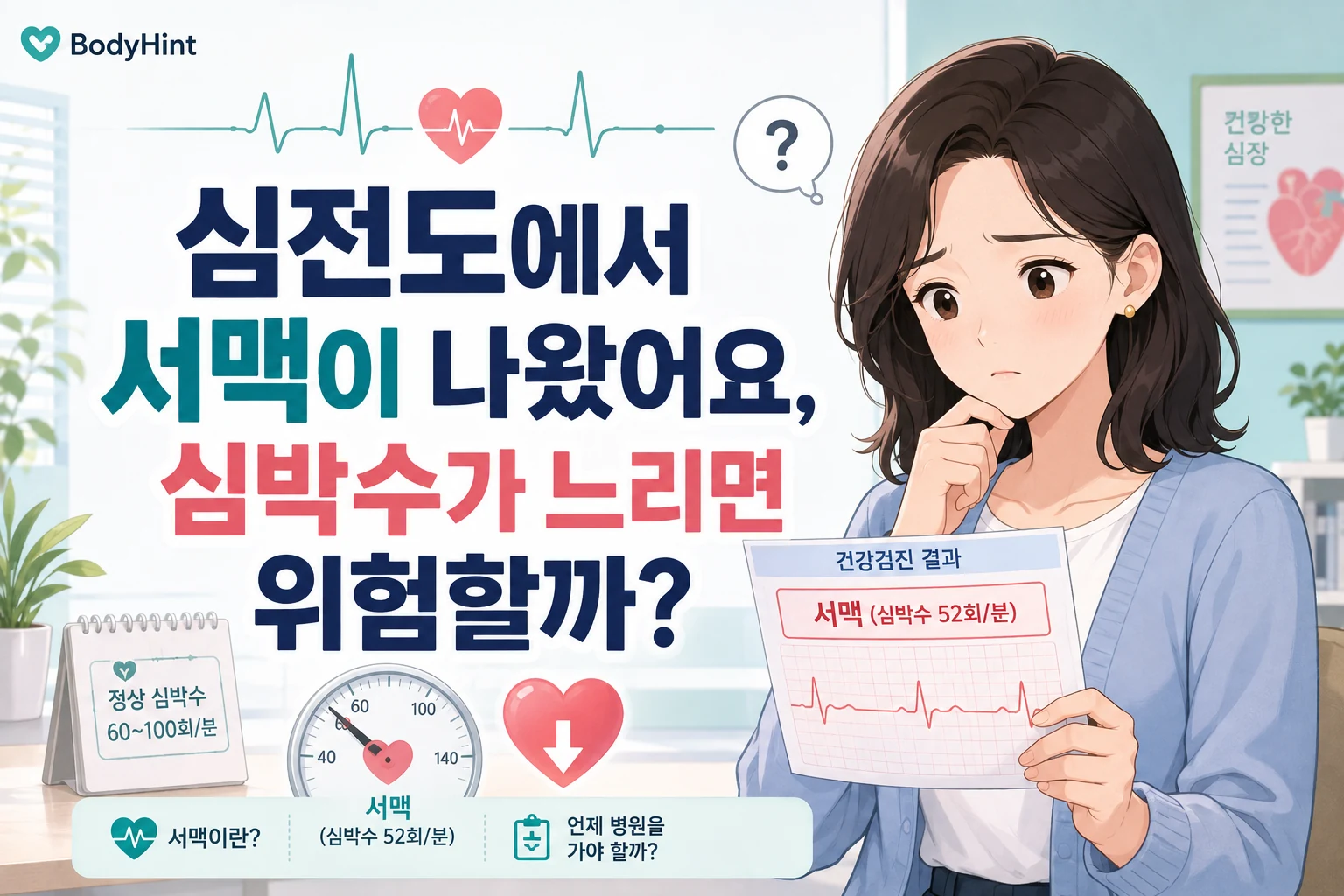 심전도 검사에서 서맥이 나온 결과지를 보고 걱정하는 여성과 느린 심박수와 심전도 파형을 함께 보여주는 BodyHint 대표이미지