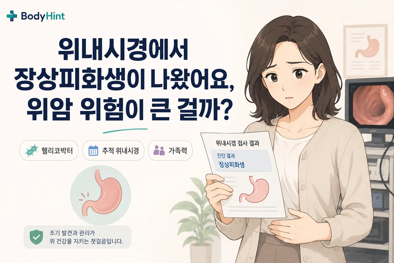 위내시경에서 장상피화생이 발견된 검사 결과를 보고 걱정하는 여성과 위내시경 화면과 위 그림을 함께 보여주는 BodyHint 대표이미지