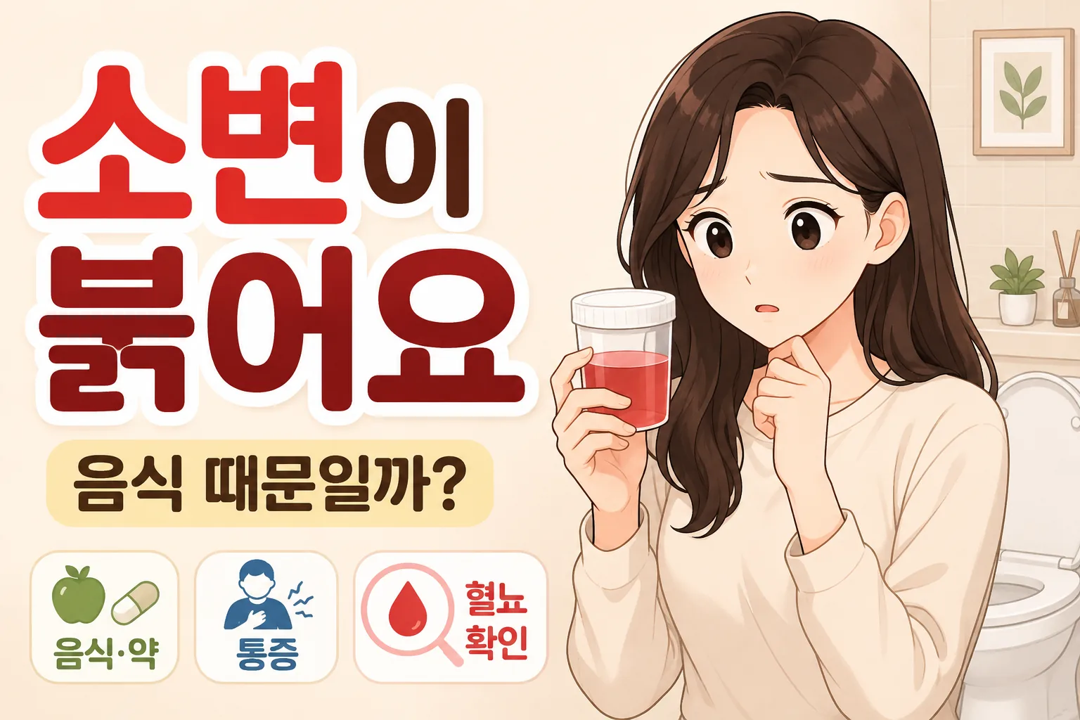 붉은 소변이 담긴 검사 용기를 들고 걱정하는 젊은 여성 캐릭터와 음식·약, 통증, 혈뇨 확인 기준을 보여주는 대표이미지