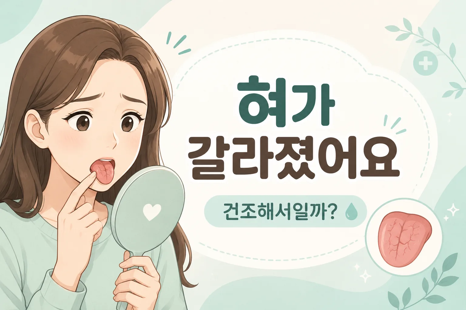 거울로 갈라진 혀를 확인하며 건조함을 걱정하는 젊은 여성의 대표이미지