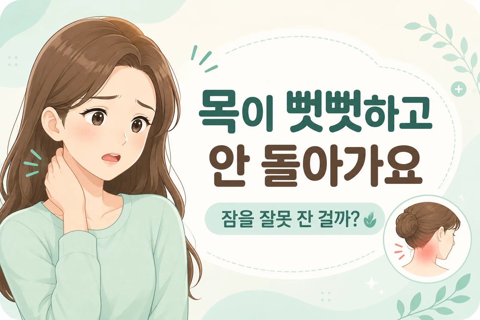 자고 일어난 뒤 목이 뻣뻣하고 고개가 잘 돌아가지 않아 목을 만지는 젊은 여성의 대표이미지