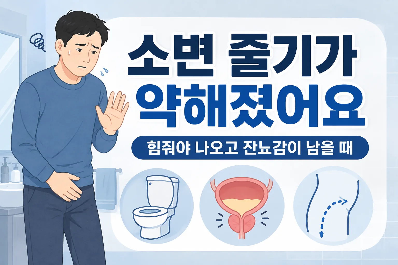 짧은 검은 머리 남성이 아랫배를 짚고 소변 줄기 약화와 잔뇨감을 걱정하는 모습